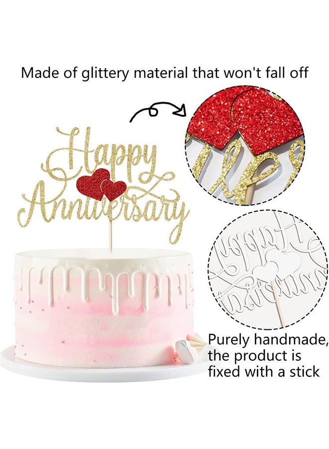 Happy Anniversary Gold Glitter Cake Topper with Red Hearts Premium Party Decoration for Wedding Anniversary Company Celebration Romantic Milestone Events Renewal of Vows Parents Anniversary Anniversary Dinner Parties - Image 2